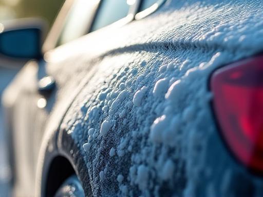 Environmentally friendly car wash with soap suds on a car